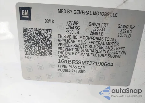 2018 Chevrolet Cruze Premier Auto из США, поврежденный, VIN 1G1BF5SM7J7190644